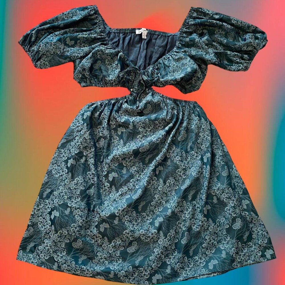 Pretty Garbage teal cutout puffy sleeved mini dress